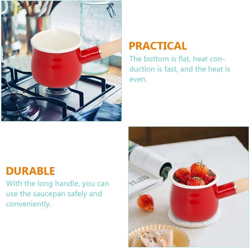 Enamel Milk Pot Butter Warmer with Handle Small Japanese Style Anti-scald Milk Pan for Food Preparation Red - Image 5