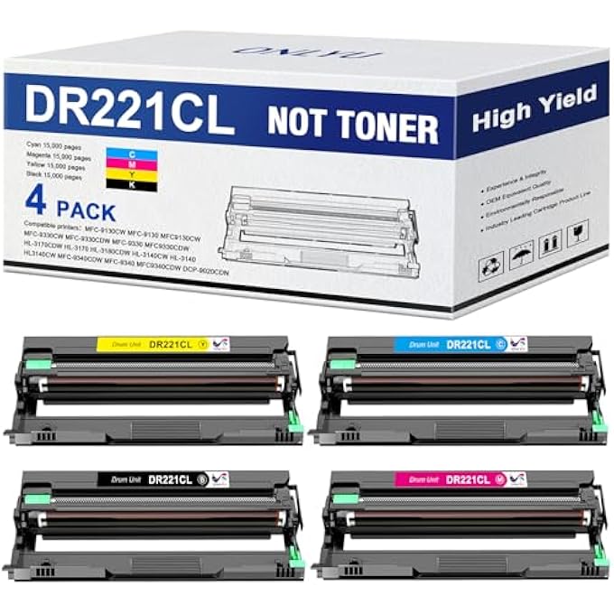 COMPATIBLE DR221 DRUM UNIT (NOT TONER) REPLACEMENT FOR BROTHER DR221CL DR-221CL DR221 DR 221 CL FOR BROTHER MFC-9130CW MFC-9330CW HL-3170CDW HL-3180CDW HL-3140CW MFC-9340CDW PRINTER (4 PACK) - Image 1