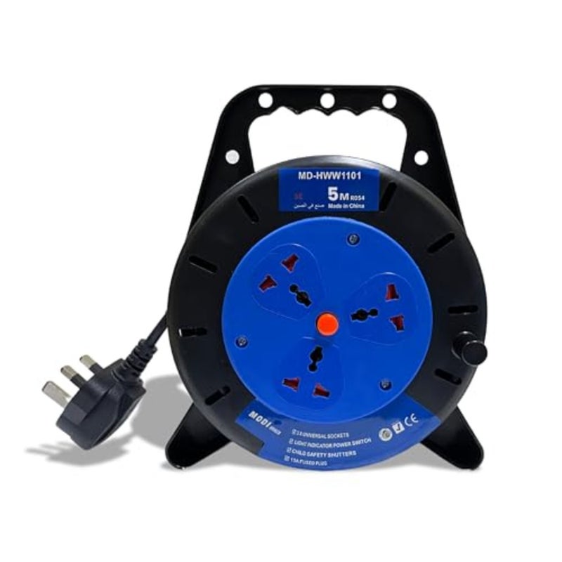 MODI Retractable 3-Way Extension Cord Reel With Power Button 2000 Watts For Home and Office Heavy-Duty PVC Cable 1.5 M Retractable Length 3 PCS UK Plug Outlets - Image 1