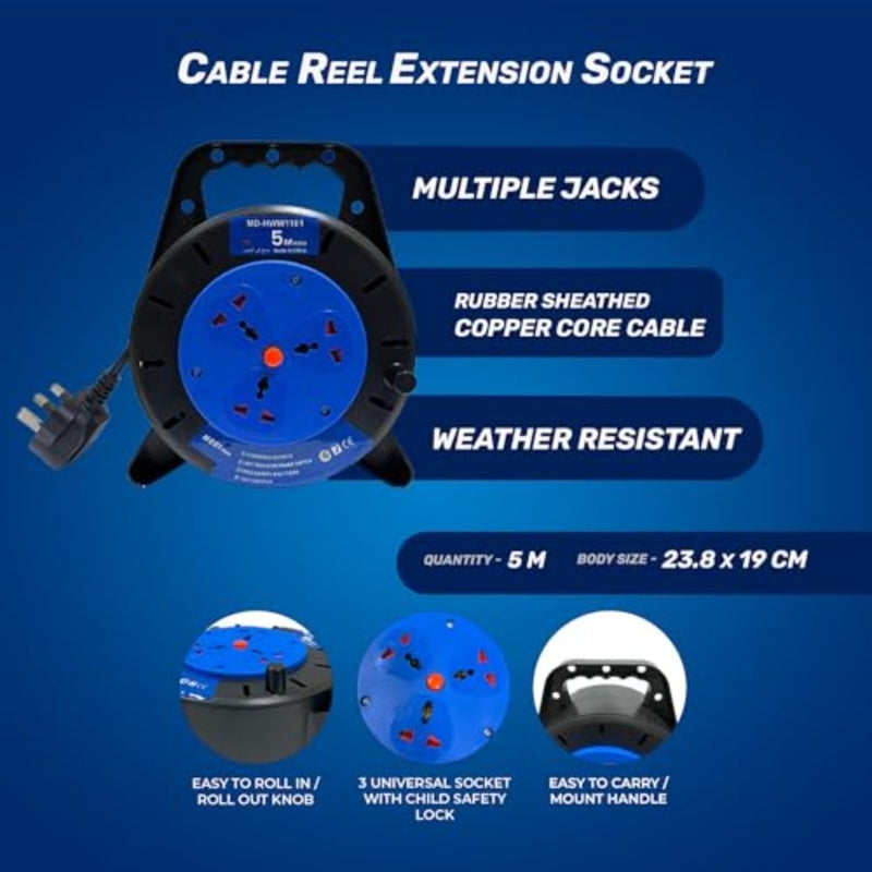 MODI Retractable 3-Way Extension Cord Reel With Power Button 2000 Watts For Home and Office Heavy-Duty PVC Cable 1.5 M Retractable Length 3 PCS UK Plug Outlets - Image 2