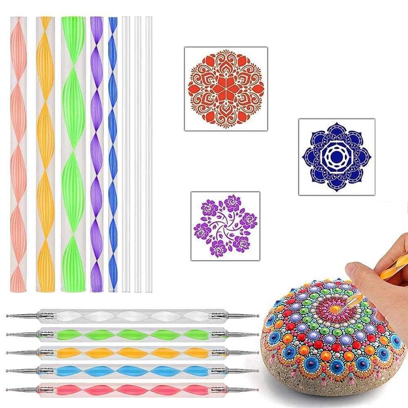 eS³kube eSkube 13 Pcs Set of Mandala Rock Dotting Tools Nail Art Painting Tools Set includes 5 Pieces Multi Color Stylus Pens and 8 Sizes Flat Head Multi Color Acrylic Dotting Rods for DIY - Image 1