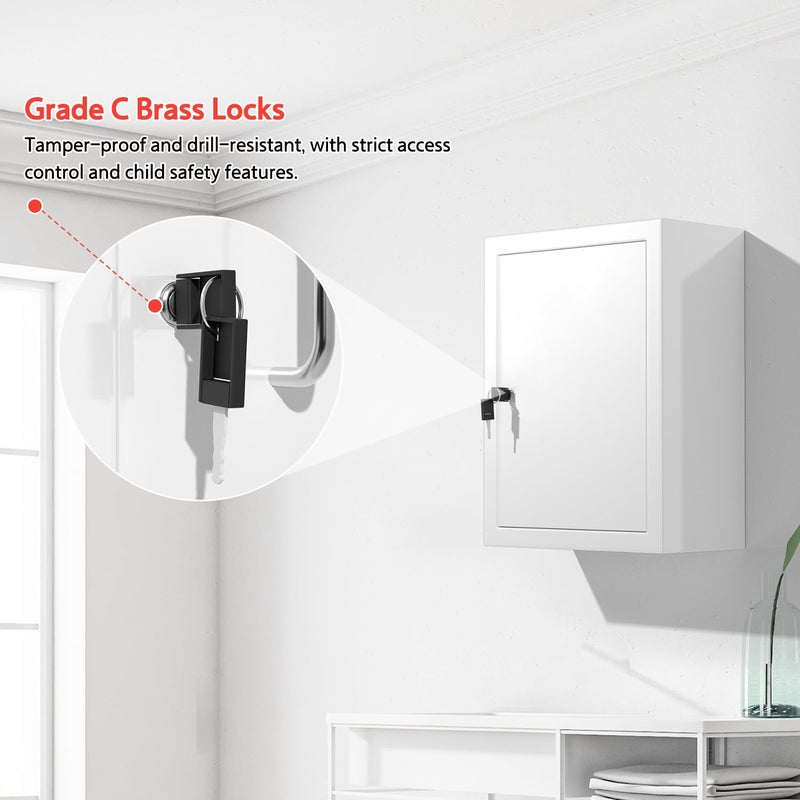Wensha Locking Medicine Cabinet Wall-Mount: Storage Cabinet with Lock & Key - White Metal First Aid Kits for Family Safety and Childproofing - Image 4