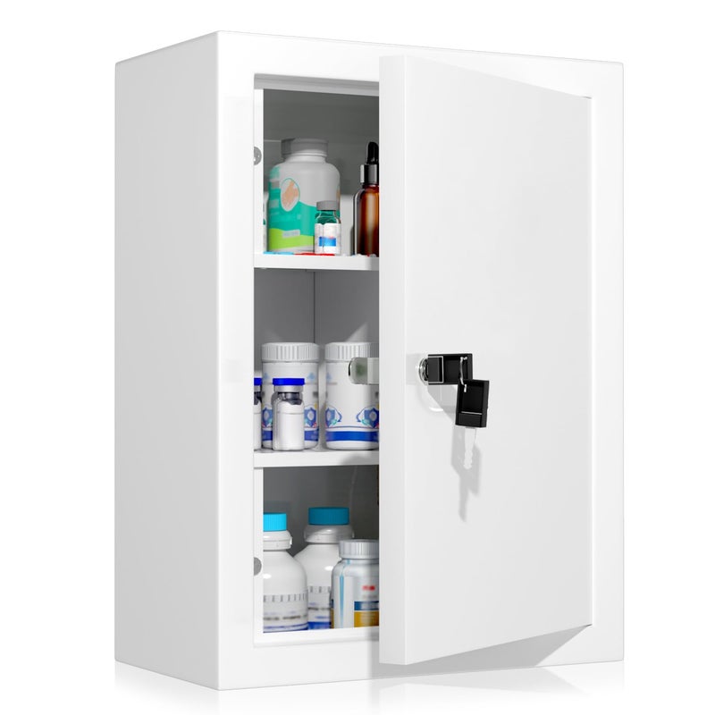 Wensha Locking Medicine Cabinet Wall-Mount: Storage Cabinet with Lock & Key - White Metal First Aid Kits for Family Safety and Childproofing - Image 1