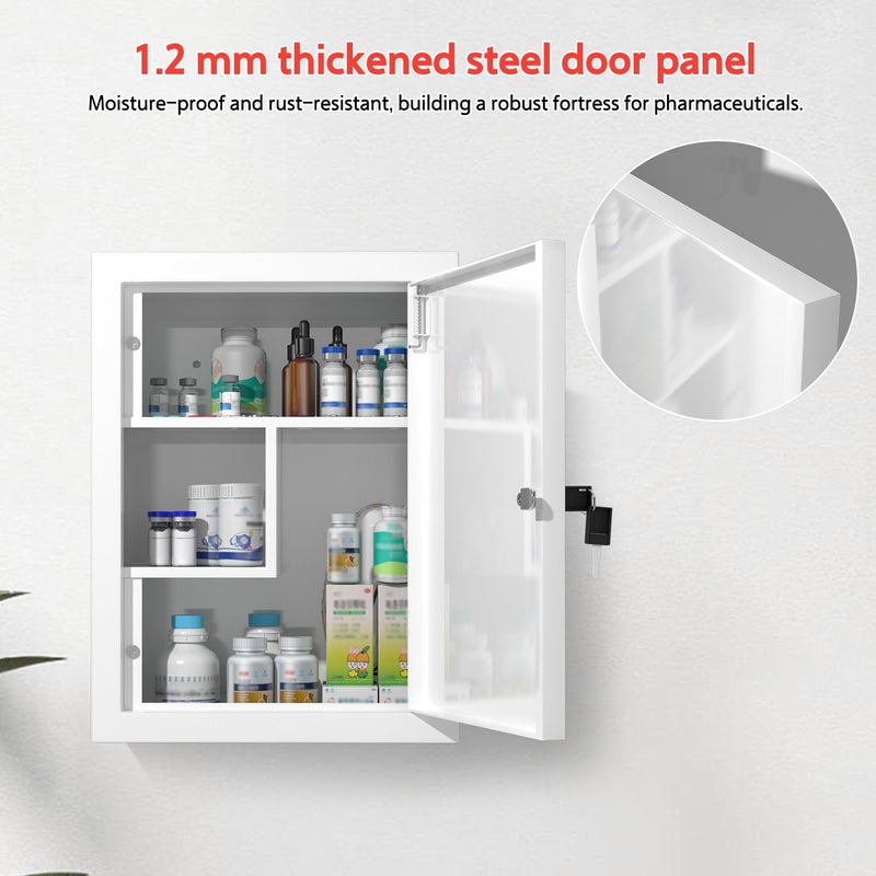 Wensha Locking Medicine Cabinet Wall-Mount: Storage Cabinet with Lock & Key - White Metal First Aid Kits for Family Safety and Childproofing - Image 5