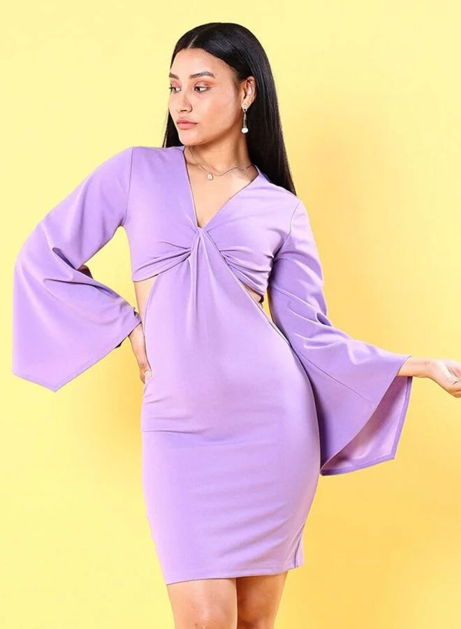 Women Regular Fit Solid V-Neck Long Sleeve Knot Dress