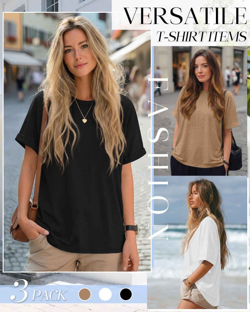Riyiper 3 Pack Women's Oversized T-Shirt Half Sleeve Summer Tees Casual Loose Fit Crew Neck Basic Tops(Black, White, Khaki,Small) - Image 5