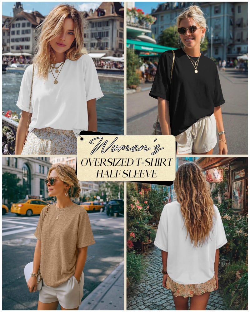 Riyiper 3 Pack Women's Oversized T-Shirt Half Sleeve Summer Tees Casual Loose Fit Crew Neck Basic Tops(Black, White, Khaki,Small) - Image 2