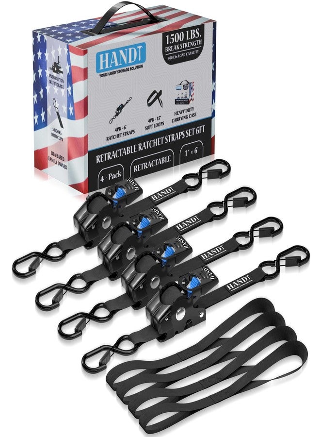 HandT Retractable Ratchet Straps (4PK) 1in x 6ft - 1,500lb Break Strength, Heavy Duty Tie Down Automatic Self Ratcheting Strap Downs Push Button Retracting for Truck, Trailer, Motorcycle | 4PK Black - Image 1