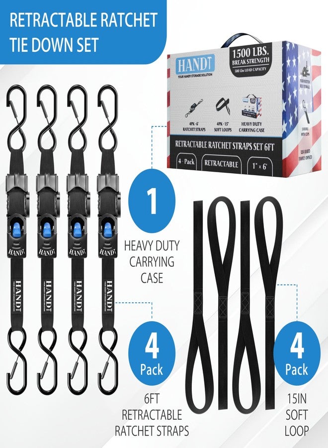 HandT Retractable Ratchet Straps (4PK) 1in x 6ft - 1,500lb Break Strength, Heavy Duty Tie Down Automatic Self Ratcheting Strap Downs Push Button Retracting for Truck, Trailer, Motorcycle | 4PK Black - Image 4