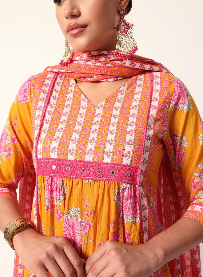 ISHIN Women's Mustard Cotton Textured Tunic Full Palazzo Regular Fit Kurta Set - Image 2