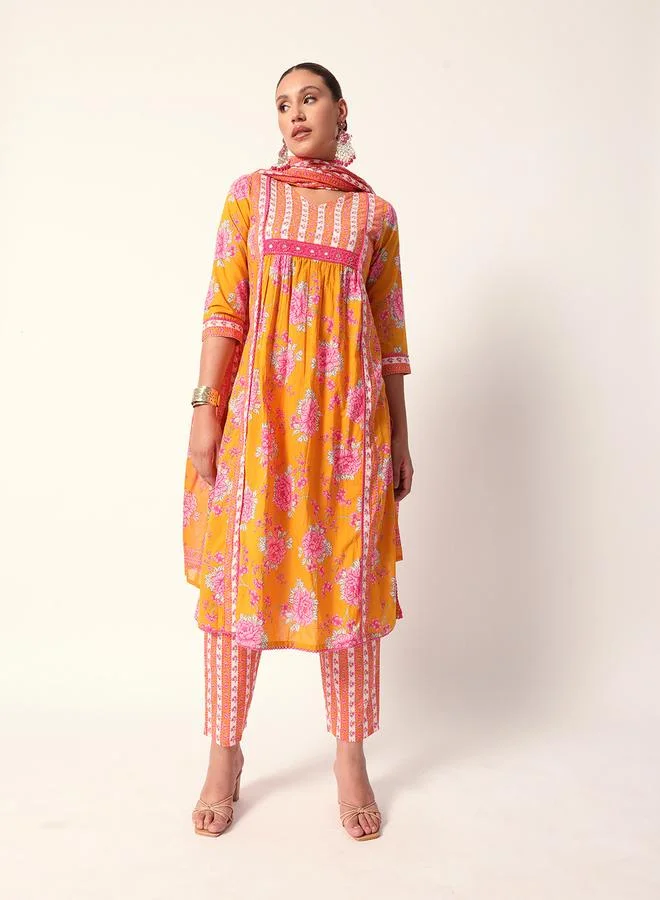ISHIN Women's Mustard Cotton Textured Tunic Full Palazzo Regular Fit Kurta Set