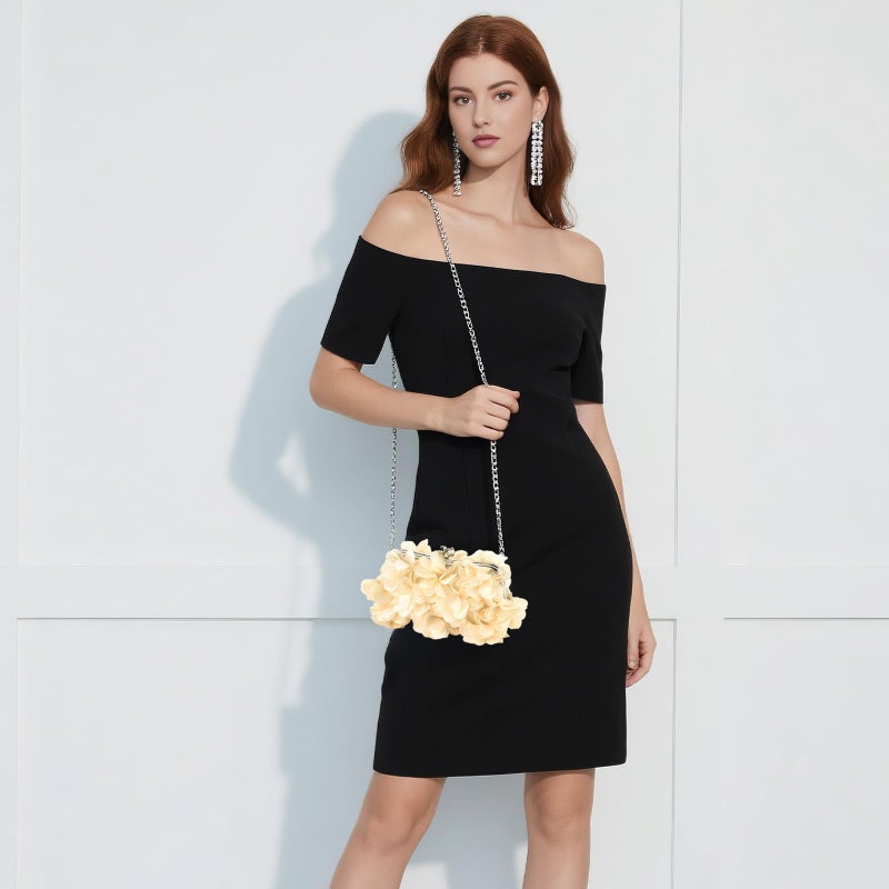 JAMBHALA Women Elegant Evening Purse, Small Floral Clutch Bag with Detachable Chain for Wedding, Party, Prom (Champagne) - Image 2