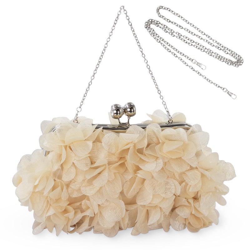 JAMBHALA Women Elegant Evening Purse, Small Floral Clutch Bag with Detachable Chain for Wedding, Party, Prom (Champagne) - Image 1