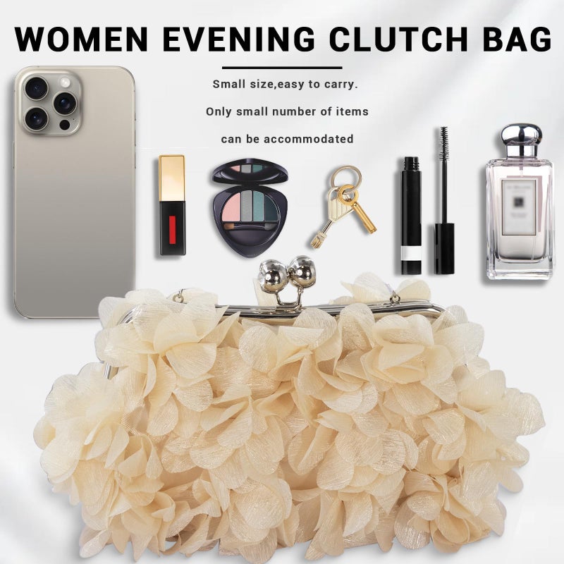 JAMBHALA Women Elegant Evening Purse, Small Floral Clutch Bag with Detachable Chain for Wedding, Party, Prom (Champagne) - Image 4