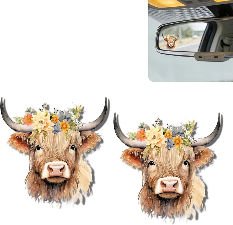 DoYoMo 2Pack Highland Cow Car Mirror Decal Cute Moo-tivational Rear View Mirror Sticker,Waterproof Vinyl Car Decals,Highland Cow Car Accessories Decor,Cows Lovers Gifts for Women Men - Image 1