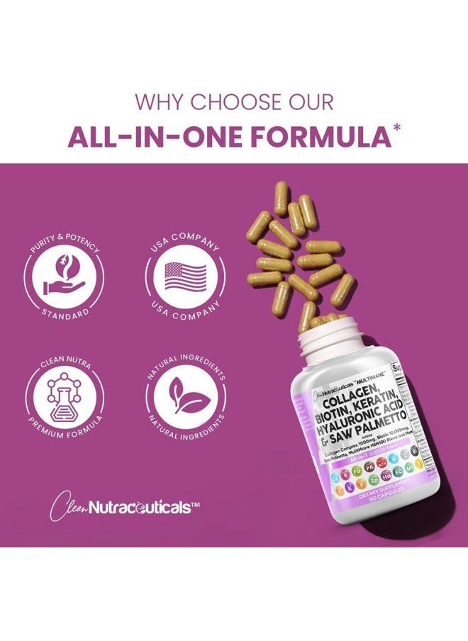 Clean Nutraceuticals - Collagen Pills 1000mg Biotin 10000mcg Keratin Saw Palmetto Hyaluronic Acid - Hair Skin & Nails Vitamins & DHT Blocker with Vitamin E Folic Acid Pumpkin Seed MSM - 90 Count - Image 1