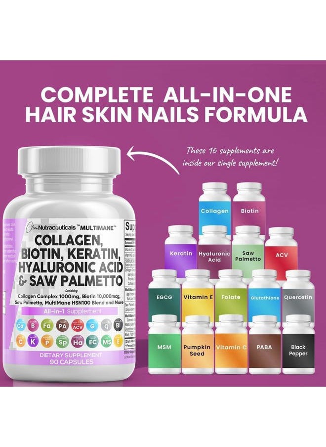 Clean Nutraceuticals - Collagen Pills 1000mg Biotin 10000mcg Keratin Saw Palmetto Hyaluronic Acid - Hair Skin & Nails Vitamins & DHT Blocker with Vitamin E Folic Acid Pumpkin Seed MSM - 90 Count - Image 1