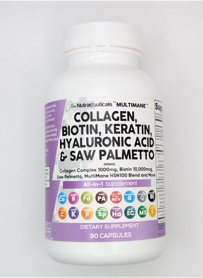 Clean Nutraceuticals - Collagen Pills 1000mg Biotin 10000mcg Keratin Saw Palmetto Hyaluronic Acid - Hair Skin & Nails Vitamins & DHT Blocker with Vitamin E Folic Acid Pumpkin Seed MSM - 90 Count - Image 1