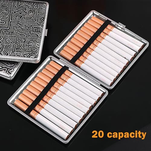 TecoKart® Retro Cigarette Box Case for 20 Cigarettes, Metal Lightweight Cigarette Holder and Tobacco Box for Men, Silver Cigarette Box with Push Button Switch, Durable Gifts for Men - Image 3