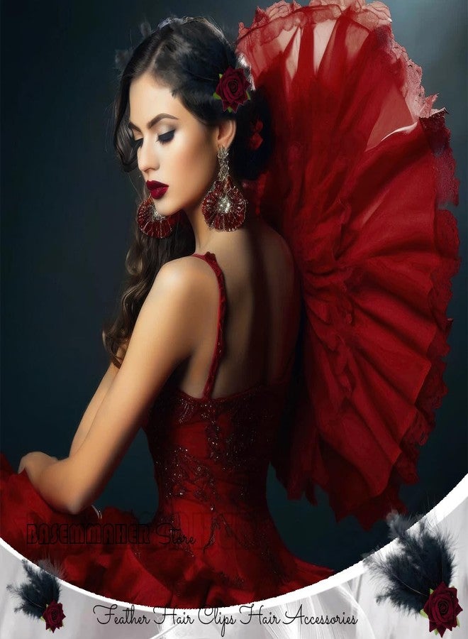 BASEMMAHER 2 قطع مشبك شعر ريش زهرة قوطية أسلوب باليه ريش النعام والبجعة إكسسوارات للشابات العرائس حفلات الزفاف عيد الحب هالوين تنكرية رأس (أسود أحمر) - Image 3