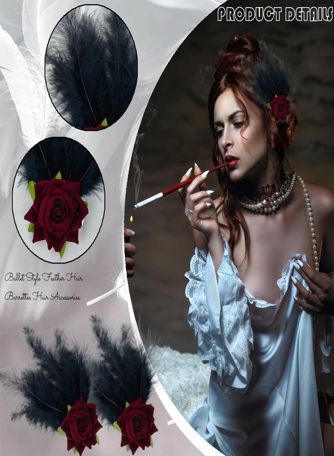 BASEMMAHER 2 قطع مشبك شعر ريش زهرة قوطية أسلوب باليه ريش النعام والبجعة إكسسوارات للشابات العرائس حفلات الزفاف عيد الحب هالوين تنكرية رأس (أسود أحمر) - Image 2