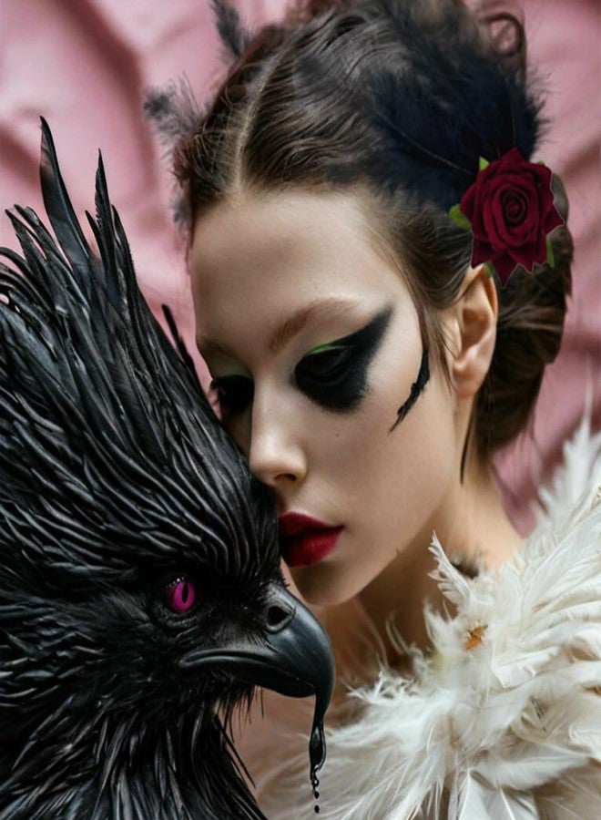 BASEMMAHER 2 قطع مشبك شعر ريش زهرة قوطية أسلوب باليه ريش النعام والبجعة إكسسوارات للشابات العرائس حفلات الزفاف عيد الحب هالوين تنكرية رأس (أسود أحمر) - Image 4