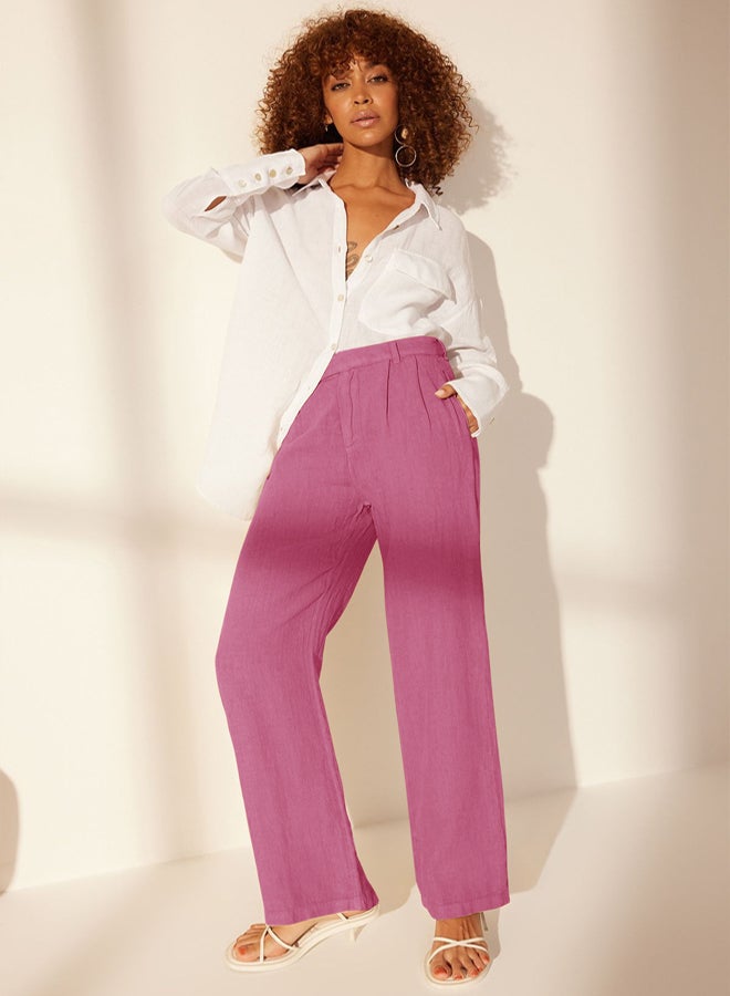 trendyol Pale Pink 100% Linen Pleated High Waist Wide Leg Trousers - Image 5