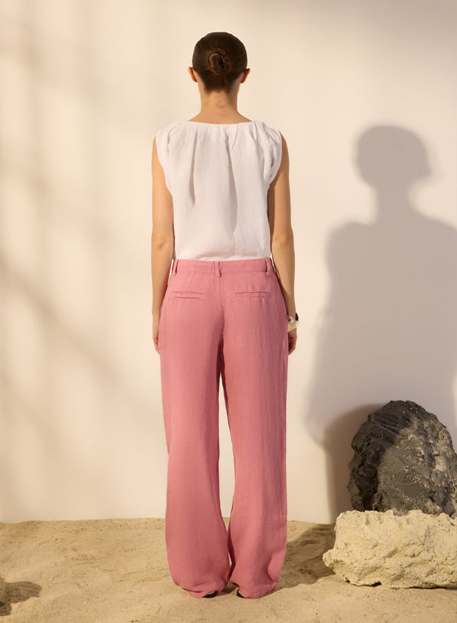 trendyol Pale Pink 100% Linen Pleated High Waist Wide Leg Trousers - Image 4