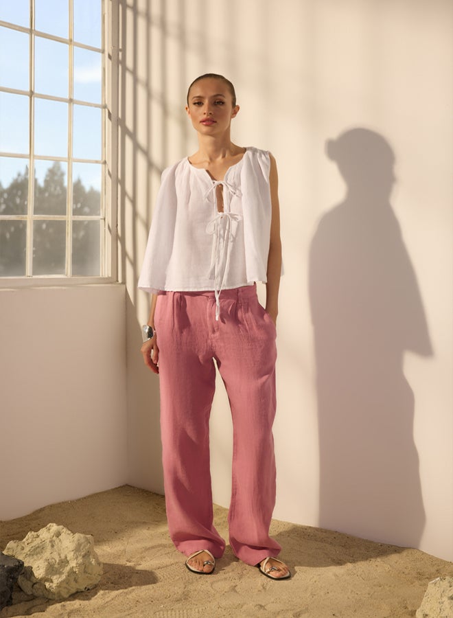 trendyol Pale Pink 100% Linen Pleated High Waist Wide Leg Trousers - Image 2
