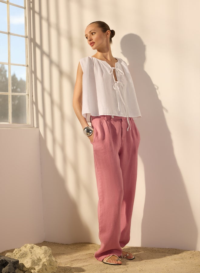 trendyol Pale Pink 100% Linen Pleated High Waist Wide Leg Trousers - Image 1