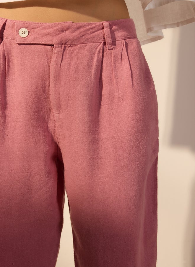 trendyol Pale Pink 100% Linen Pleated High Waist Wide Leg Trousers - Image 3