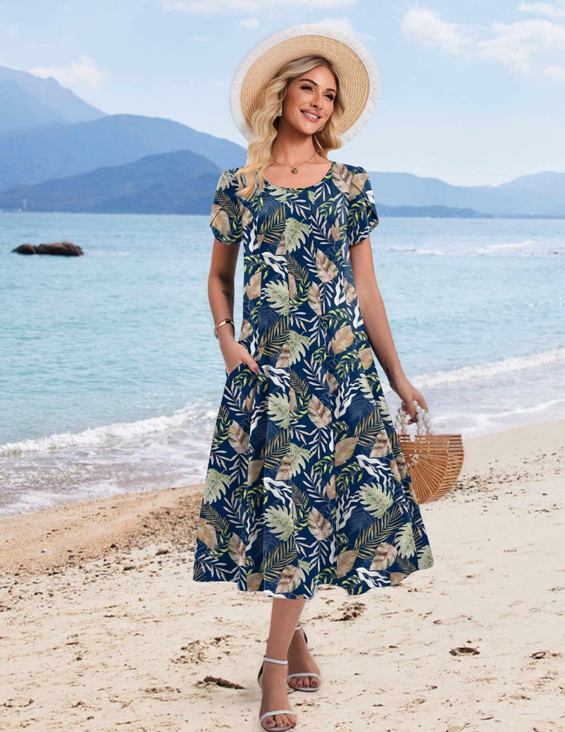 HOTOUCH Women's Boho Midi Dress Short Sleeve Summer Dress Tropical Beach Dresses for Women 2026 Vacation Dresses, Boho Leaf Print,L - Image 4
