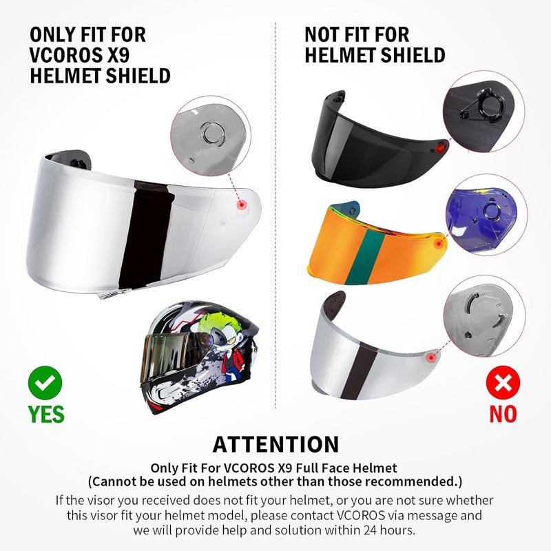 VCOROS X9 Full Face Motorcycle Helmet Replacement Shield - Chrome Silver - Image 3