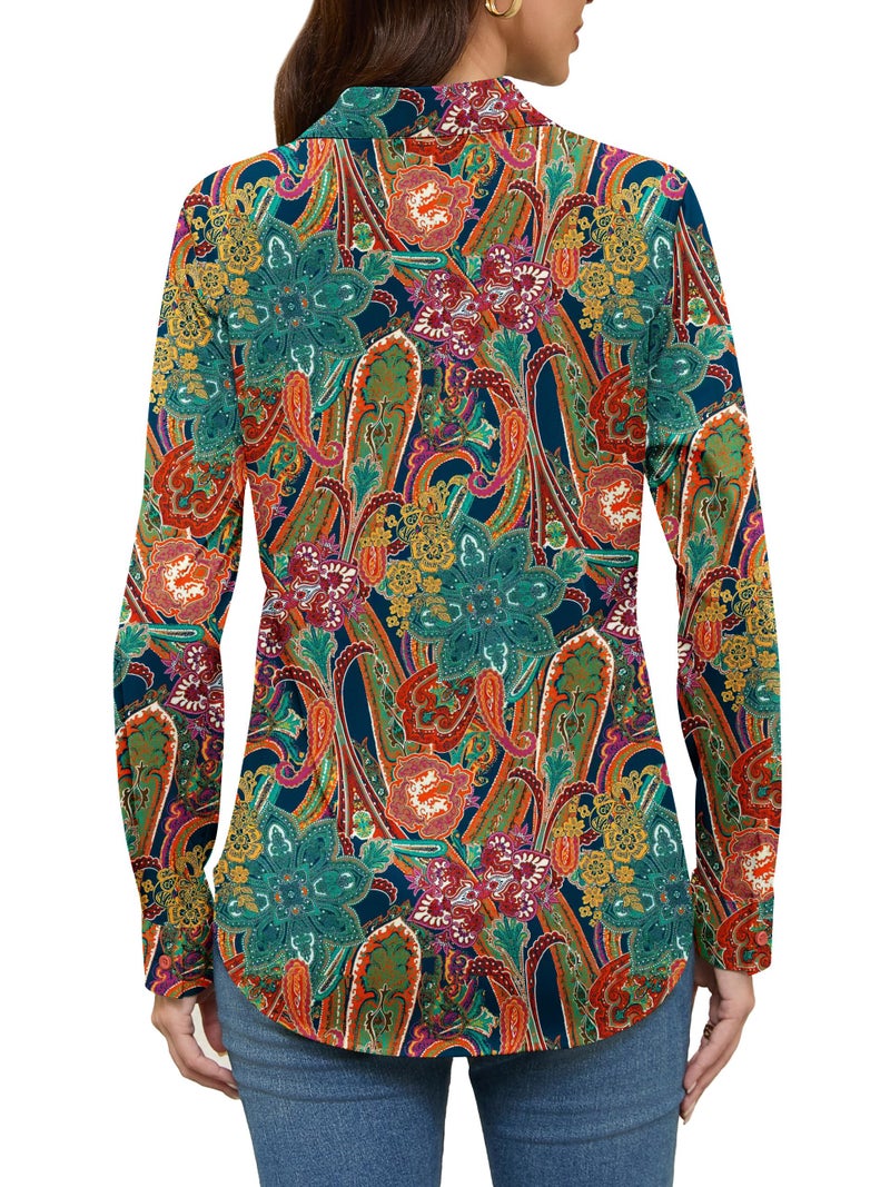 COUXILY Boho Chic Clothing Tops Shirts for Women Bohemian Clothes Blouses Dressy Casual Women's Top Business Long Sleeve Silk Button Down Blouse Up Shirt Dress Work Wrinkle Free Pattern 03 M - Image 5