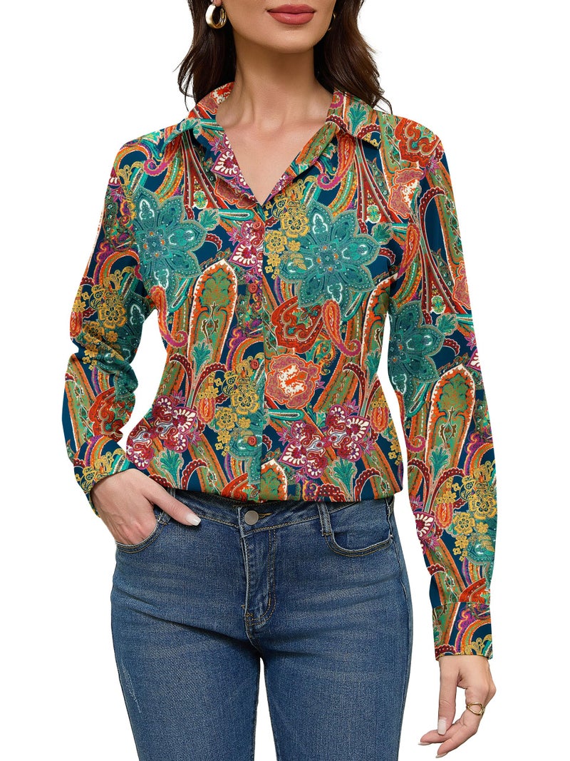 COUXILY Boho Chic Clothing Tops Shirts for Women Bohemian Clothes Blouses Dressy Casual Women's Top Business Long Sleeve Silk Button Down Blouse Up Shirt Dress Work Wrinkle Free Pattern 03 M - Image 2