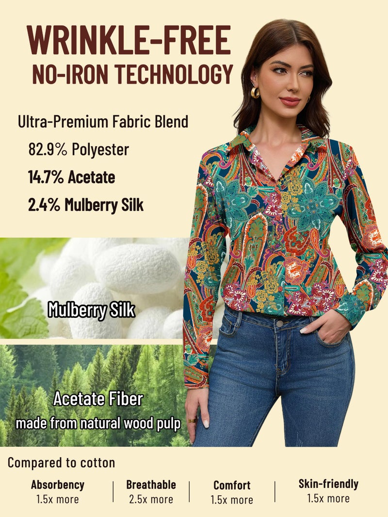 COUXILY Boho Chic Clothing Tops Shirts for Women Bohemian Clothes Blouses Dressy Casual Women's Top Business Long Sleeve Silk Button Down Blouse Up Shirt Dress Work Wrinkle Free Pattern 03 M - Image 3