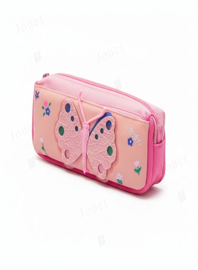 JOUET Sparkling Glitter Butterfly Pencil Pouch for Girls Floral Rectangular Stationery Case Dual Zip Large Capacity Pen Box Organizer for Kids & Students (Pink) - Image 2