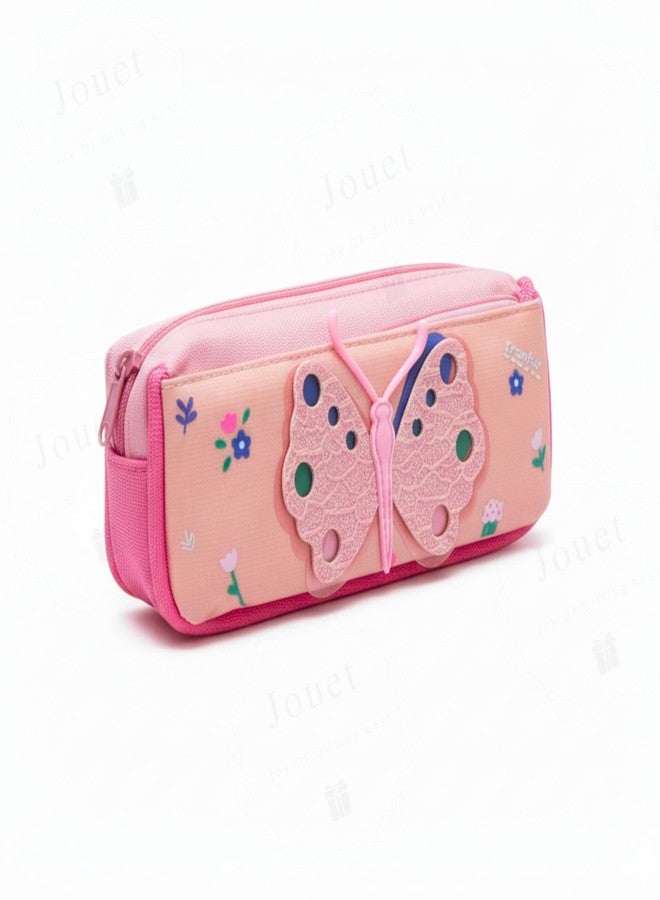 JOUET Sparkling Glitter Butterfly Pencil Pouch for Girls Floral Rectangular Stationery Case Dual Zip Large Capacity Pen Box Organizer for Kids & Students (Pink) - Image 3