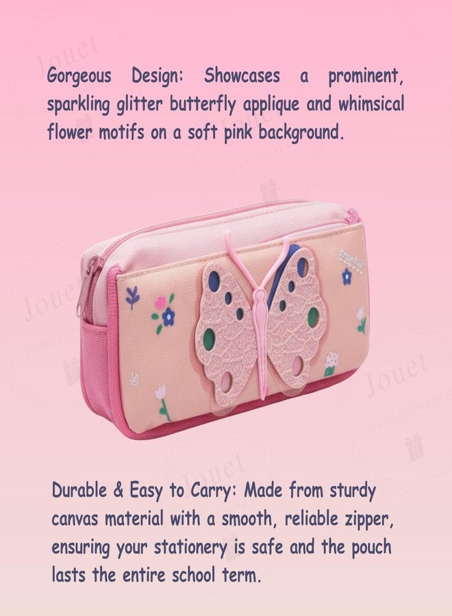 JOUET Sparkling Glitter Butterfly Pencil Pouch for Girls Floral Rectangular Stationery Case Dual Zip Large Capacity Pen Box Organizer for Kids & Students (Pink) - Image 4