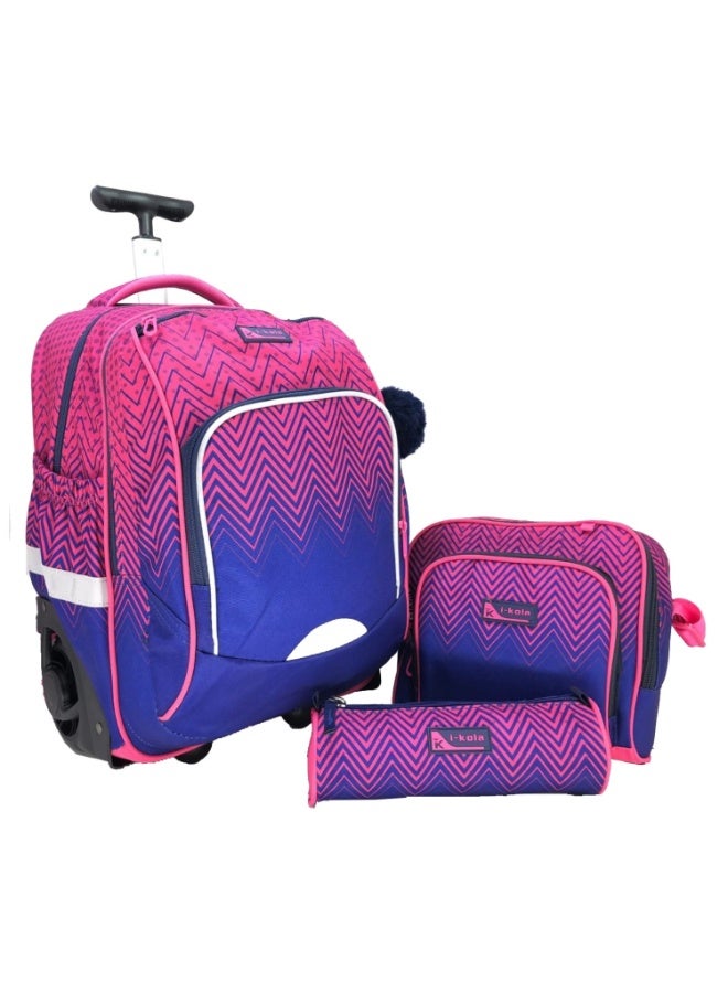 i-kola Zig Zag Maroon/Blue18T3 HO FAT 18-Inch 3PC School Trolley Bag Set for Boys & Girls | Rolling Luggage Set with Lunch Bag & Pencil Case (I-70005 18TB3)  - Image 1