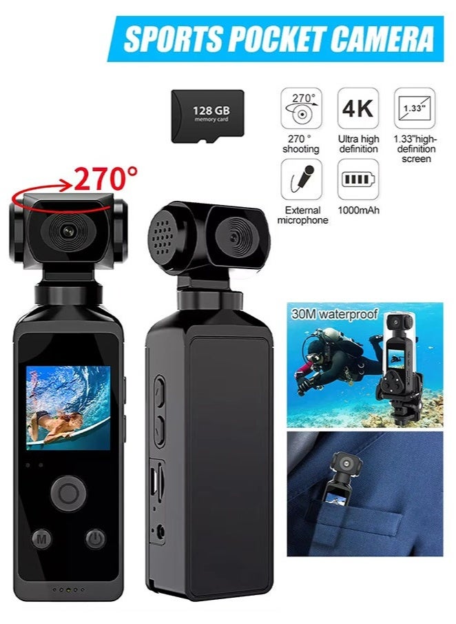 SahlTech 4K Action Camera Pro - 270° Rotating Wide Angle, 30m Waterproof with 128G Card & Mic, 1000mAh Rechargeable for Diving Vlogging  - Image 2