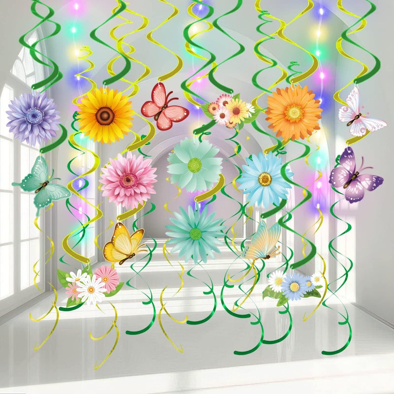33pcs Spring Hanging Decorations for Home Flower Butterfly Hanging Swirls with Led Lights for Spring Summer Easter Flower Butterfly Themed Birthday Party Decorations