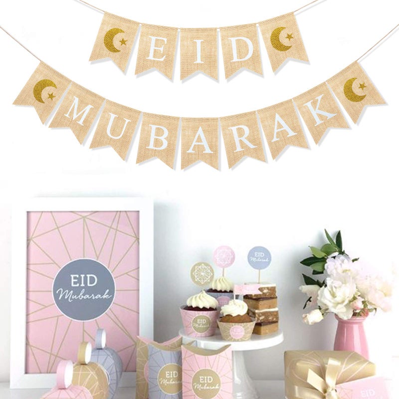 Uniwish Eid Mubarak Banner Burlap Eid Mubarak Decorations for Home Mantel Fireplace Decor Rustic Ramadan Moon Star Hanging Bunting - Image 5