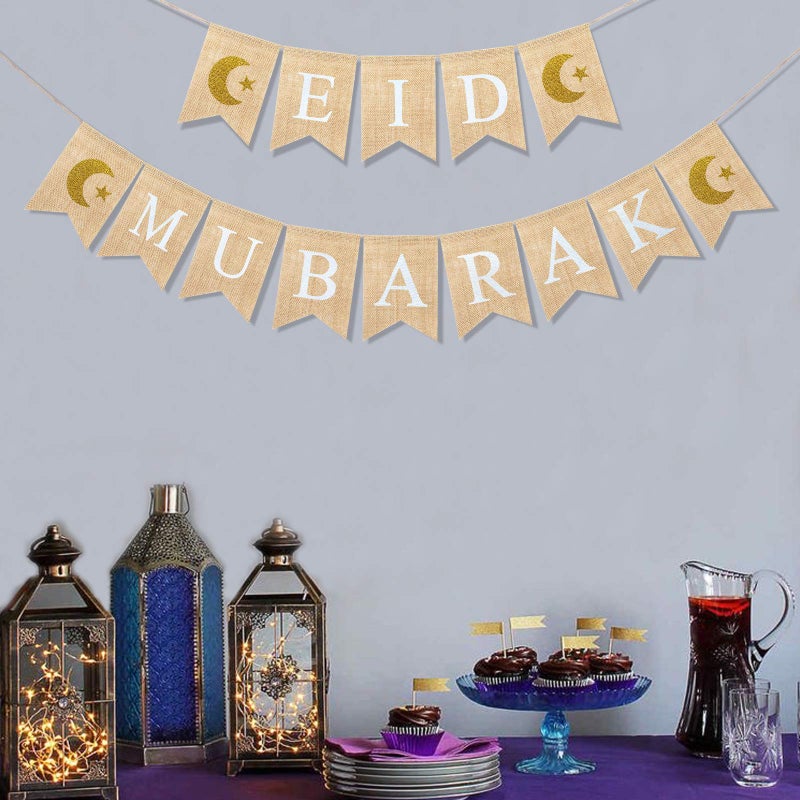 Uniwish Eid Mubarak Banner Burlap Eid Mubarak Decorations for Home Mantel Fireplace Decor Rustic Ramadan Moon Star Hanging Bunting - Image 4