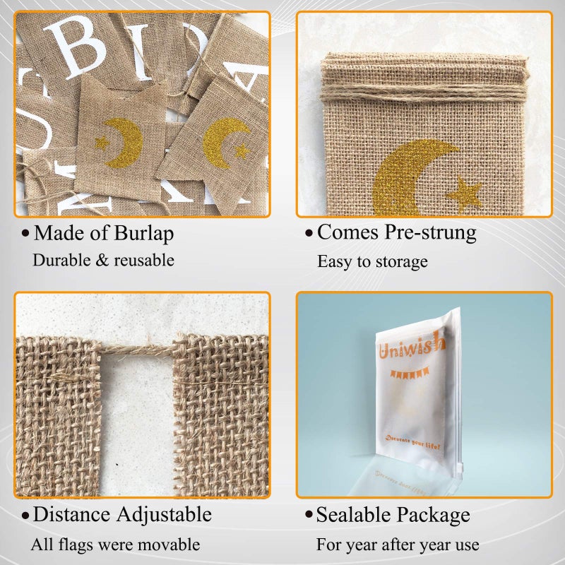Uniwish Eid Mubarak Banner Burlap Eid Mubarak Decorations for Home Mantel Fireplace Decor Rustic Ramadan Moon Star Hanging Bunting - Image 2