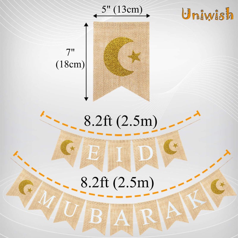 Uniwish Eid Mubarak Banner Burlap Eid Mubarak Decorations for Home Mantel Fireplace Decor Rustic Ramadan Moon Star Hanging Bunting - Image 3