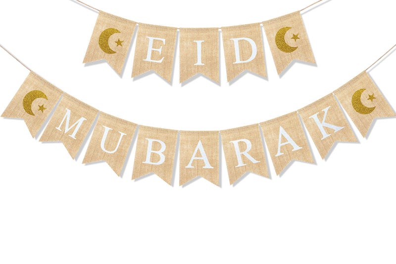Uniwish Eid Mubarak Banner Burlap Eid Mubarak Decorations for Home Mantel Fireplace Decor Rustic Ramadan Moon Star Hanging Bunting - Image 1