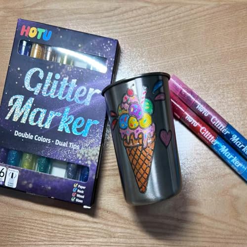 HOTU Glitter Markers Pens, 16 Colors Glitter Acrylic Paint Pens, Sparkly Metallic Dual-Tone Reversible Smooth Tips Shimmer Marker 8 Count for Coloring, Rock Painting, Wood, Fabric, DIY Craft - Image 3