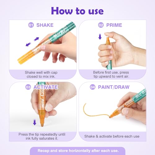 HOTU Glitter Markers Pens, 16 Colors Glitter Acrylic Paint Pens, Sparkly Metallic Dual-Tone Reversible Smooth Tips Shimmer Marker 8 Count for Coloring, Rock Painting, Wood, Fabric, DIY Craft - Image 5