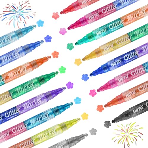 HOTU Glitter Markers Pens, 16 Colors Glitter Acrylic Paint Pens, Sparkly Metallic Dual-Tone Reversible Smooth Tips Shimmer Marker 8 Count for Coloring, Rock Painting, Wood, Fabric, DIY Craft - Image 1
